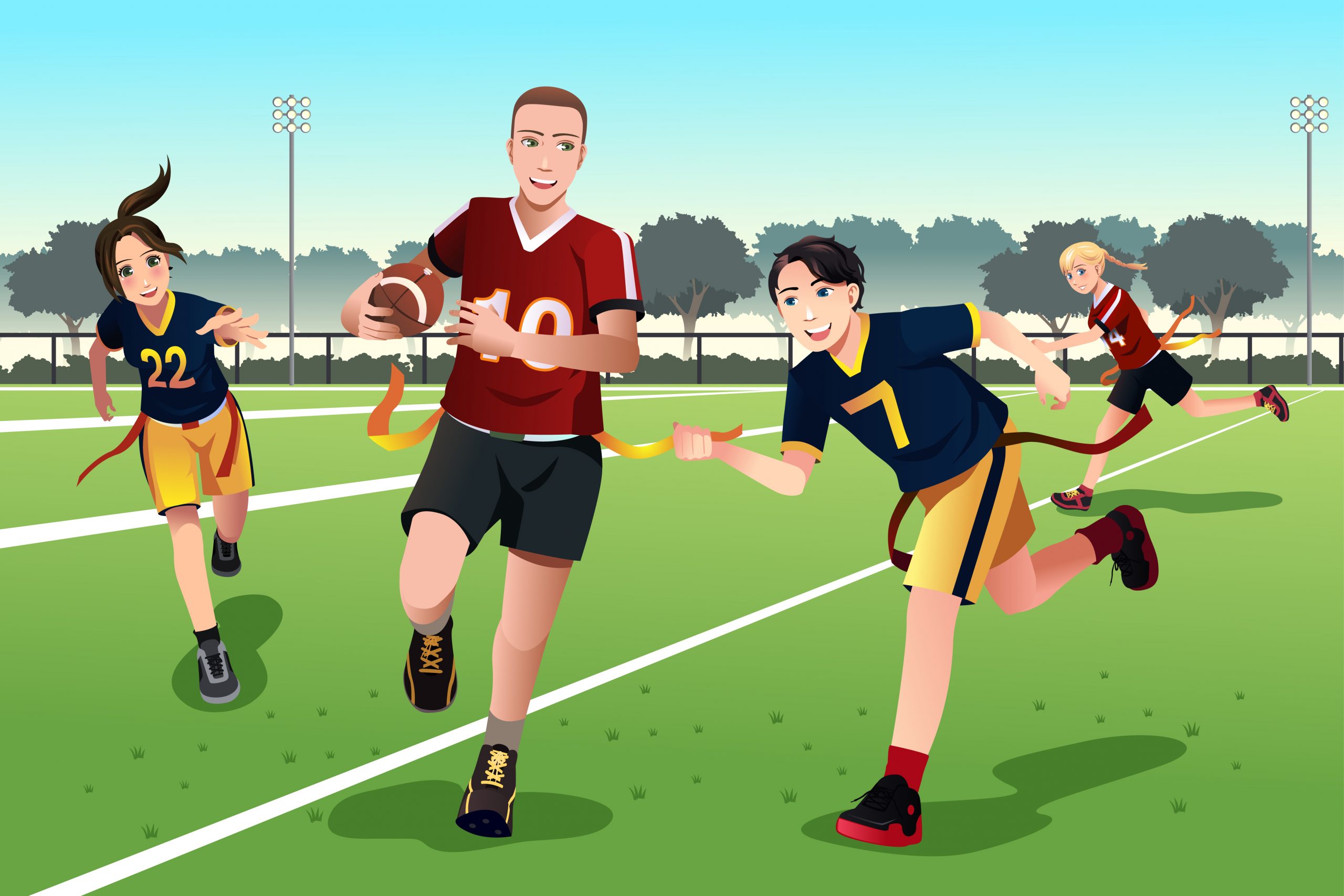 A vector illustration of young people playing flag football