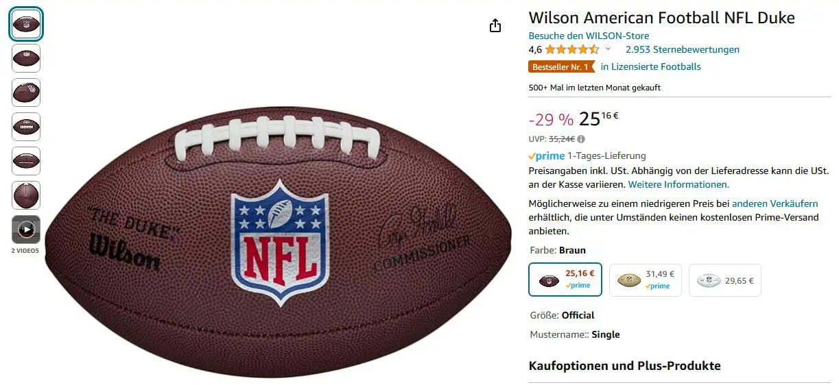 FootballR - NFL - Abbildung einer Wilson NFL Duke Replica auf einer Amazon-Produktseite. Der braune American Football zeigt das NFL-Logo, das Wilson-Branding und eine Faksimile-Unterschrift des NFL-Commissioners. Das Produkt hat 4,6 Sterne aus 2.935 Bewertungen und kostet 25,16 €. Verschiedene Produktdetails und Lieferoptionen werden angezeigt. Diese Beschreibung wurde automatisch generiert.