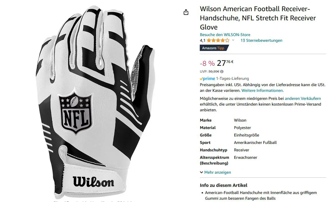 FootballR - NFL - Auf einer Produktseite bei Amazon werden Wilson NFL Duke Replica American Football Receiver Gloves in Schwarz und Weiß präsentiert. Die Handschuhe sind deutlich mit dem NFL-Logo und dem „Wilson“-Branding versehen. Auf der rechten Seite finden Sie Produktbewertungen, Preis, eine kurze Beschreibung, Versanddetails und weitere Informationen. Diese Beschreibung wurde automatisch generiert.