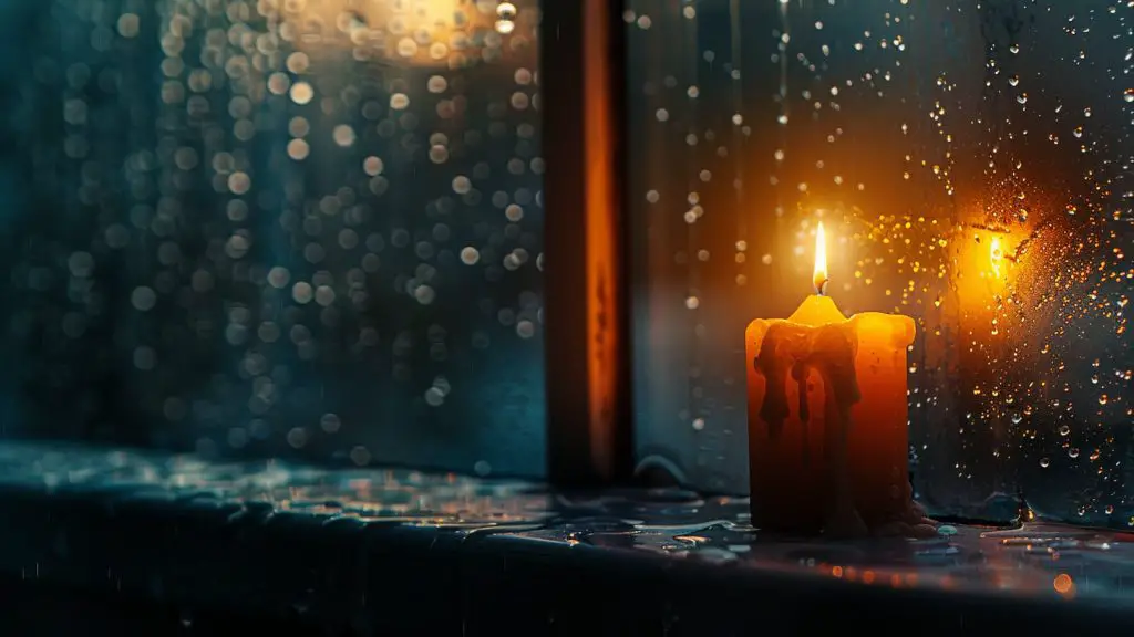 FootballR - NFL - Larry Allen - An einem regnerischen Abend steht eine brennende gelbe Kerze auf einem Fensterbrett. Wassertropfen bedecken das Fenster und reflektieren das warme, flackernde Licht der Kerze. Das sanfte Leuchten kontrastiert mit dem dunklen, verschwommenen Hintergrund und schafft eine gemütliche und heitere Atmosphäre, die an ruhige Abende nach einem spannenden NFL-Spiel erinnert. Diese Beschreibung wurde automatisch generiert.