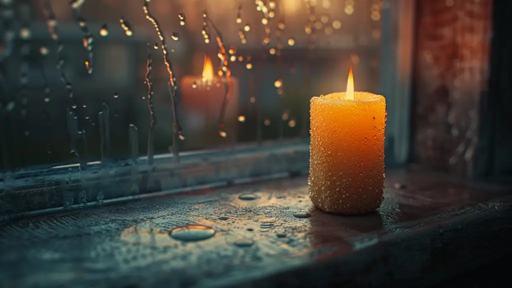 FootballR - NFL - An einem regnerischen Tag steht eine brennende Kerze auf einem nassen Fensterbrett. Wassertropfen auf dem Glas reflektieren das warme Glühen der Flamme. Das sanfte, stimmungsvolle Licht verbreitet eine gemütliche und beruhigende Atmosphäre und bildet einen Kontrast zur kühlen, nassen Oberfläche des hölzernen Fensterbretts – eine Szene, die an Khyree Jackson ruhige Momente erinnert. Diese Beschreibung wurde automatisch generiert.